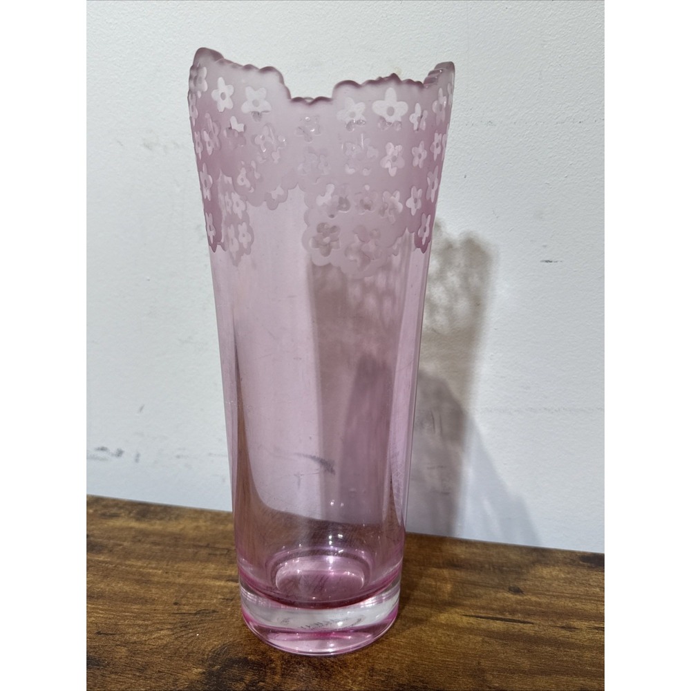 Galway Irish Crystal Vase Pink  Frosted Flower Scalloped Rim ~ 10" ~ EUC